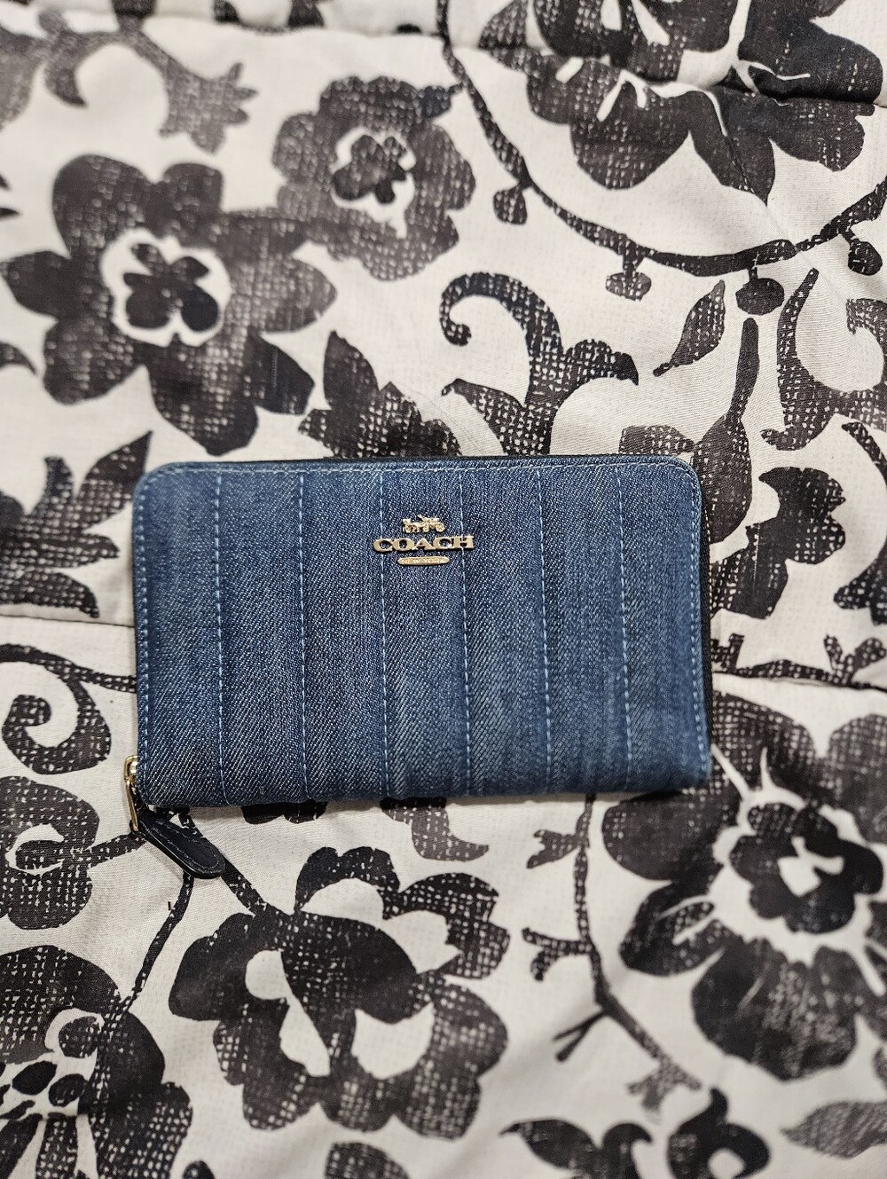 Coach Quilted Denim Zip Wallet in Blue with Gold Logo